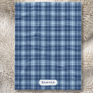 Couverture Polaire Monogramme Bleu Plaid Rustique Preppy Motif confor