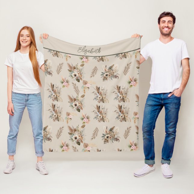 Couverture Polaire Monogramme Boho Beige Vert Rose Floral Botanique  (En situation)