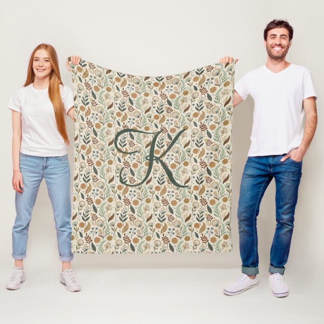 Couverture Polaire Monogramme Boho Feuilles Botanique Marron Vert Bei (En situation)