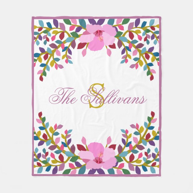 Couverture Polaire Monogramme Boho Foliage Hibiscus Fleece Blanche (Devant)