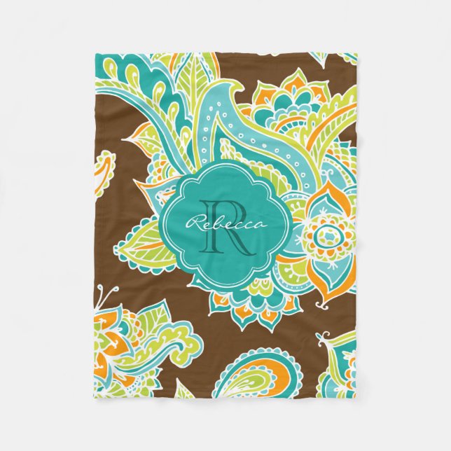 Couverture Polaire Monogramme Boho Paisley Brown et Turquoise (Devant)
