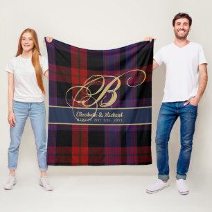 Couverture Polaire Monogramme BROWN Tartan bleu rouge Mariage des jeu