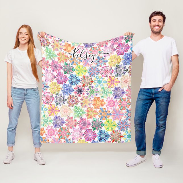 Couverture Polaire Monogramme Colorful Boho Mandala Motif Ajouter Nom (En situation)