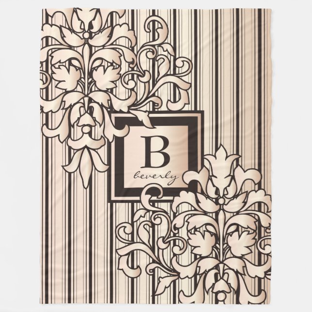Couverture Polaire Monogramme Damask Stripes Girly Neutral Monochrome (Devant)