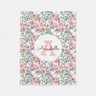 Couverture Polaire Monogramme d'aquarelle florale rose-rose moderne