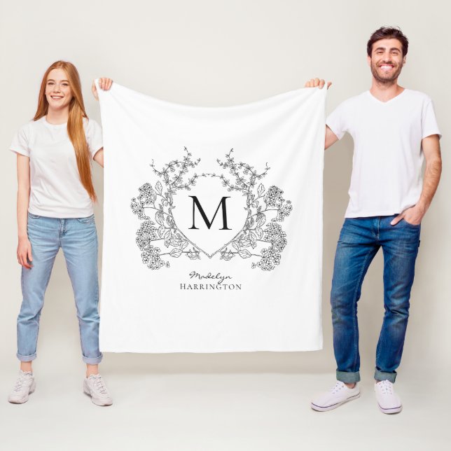 Couverture Polaire Monogramme de crête florale noir et blanc classiqu (En situation)