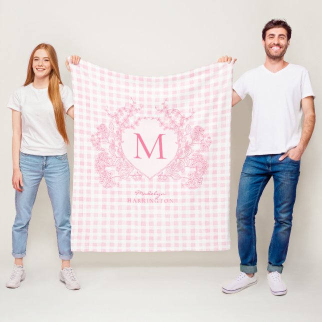 Couverture Polaire Monogramme de crête florale rose En vichy (En situation)