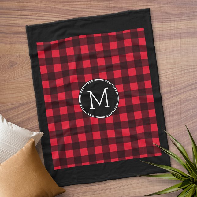 Couverture Polaire Monogramme de Motif de Buffle Noir Rouge Rustique (Personalized Fleece Blanket)