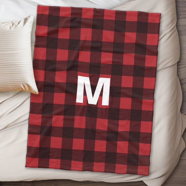 Couverture Polaire Monogramme de Motif de buffle rouge et noir rustiq (Personalized fleece blanket - buffalo plaid)