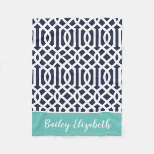 Couverture Polaire Monogramme de Navy et Aqua Trellis