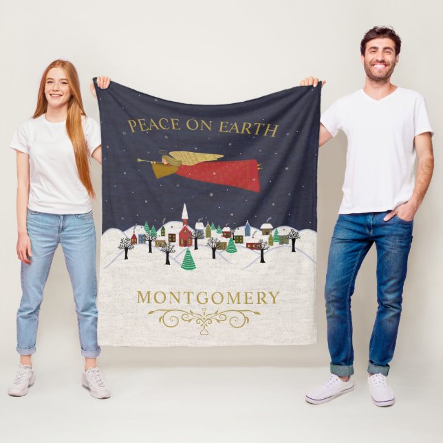 Couverture Polaire Monogramme de Noël Angel Village Paix sur Terre (En situation)