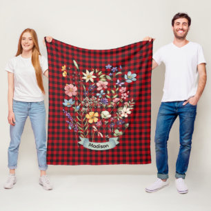 Couverture Polaire monogramme de Noël fleurs sauvages rouge baffalo p