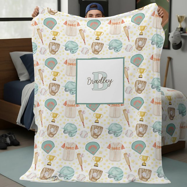 Couverture Polaire Monogramme de nom de motif de baseball à l'aquarel (Personalized Vintage Watercolor Baseball Pattern Monogram and Name in Script Cursive Fleece Blanket.)