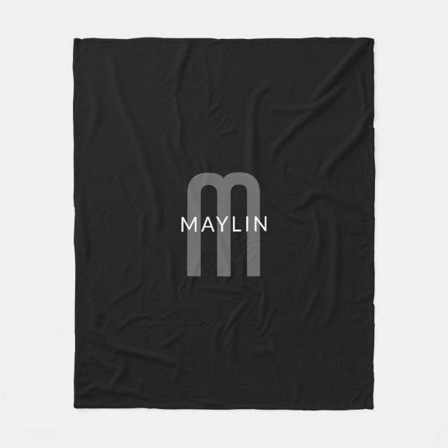 Couverture Polaire Monogramme de nom de style moderne | Noir Gris Bla (Devant)