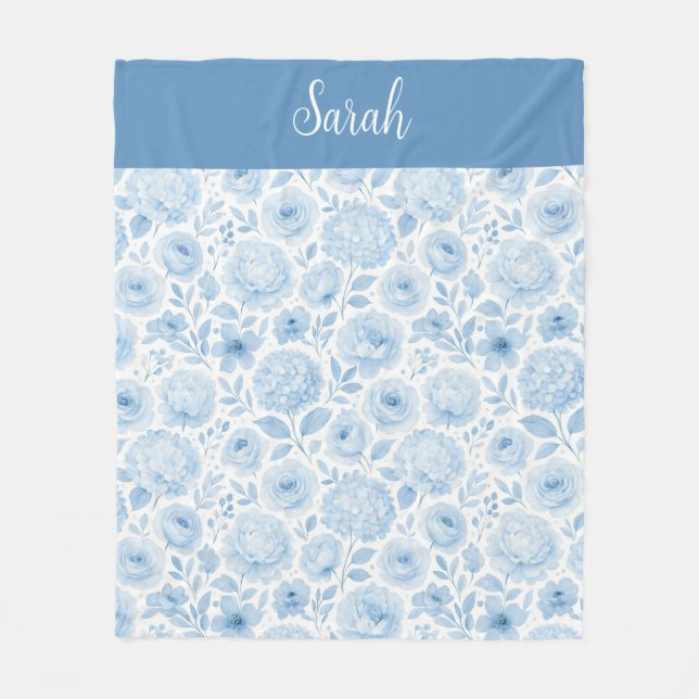 Couverture Polaire Monogramme de nom floral aquarelle bleu blanc (Devant)