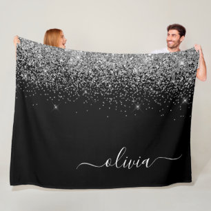 Couverture Polaire Monogramme de nom girly à paillettes noires et arg