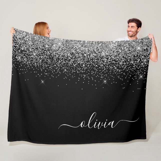Couverture Polaire Monogramme de nom girly en script pailleté noir ar (En situation)