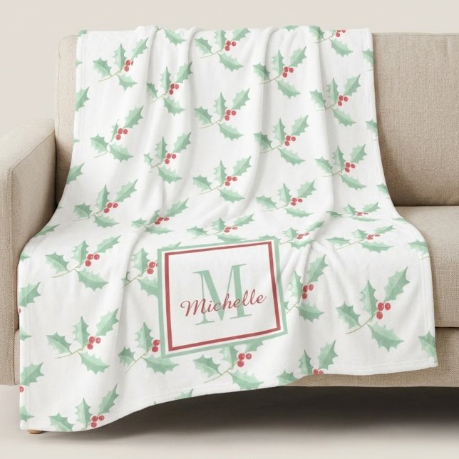 Couverture Polaire Monogramme de nom Noël houx  (Créateur téléchargé)