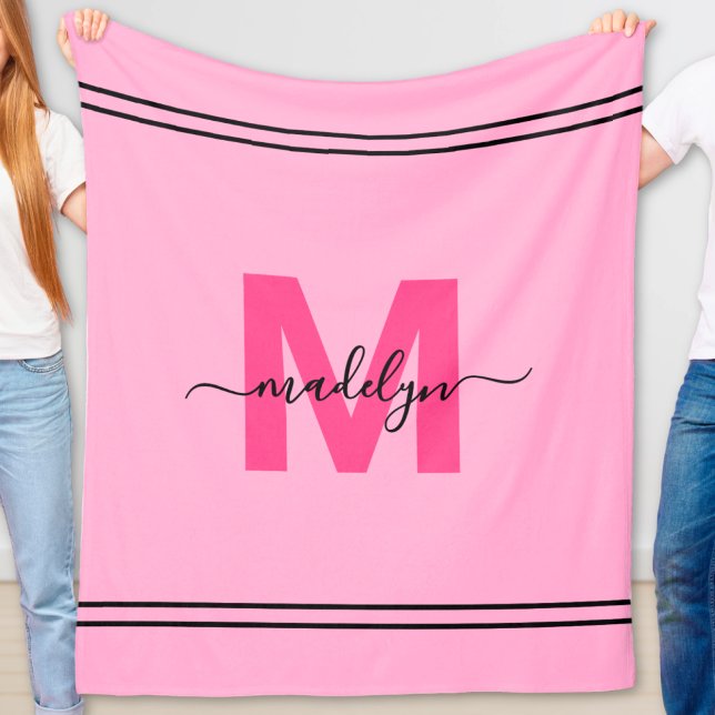 Couverture Polaire Monogramme de prénom écriture féminine rose vif (Hot Pink Girly Script Name Monogram Fleece Blanket)