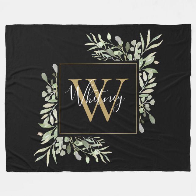 Couverture Polaire Monogramme d'or noir personnalisé Vert Floral (Devant (Horizontal))