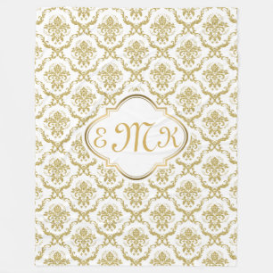 Couverture Polaire Monogramme Elégant Blanc & Or Floral Damas