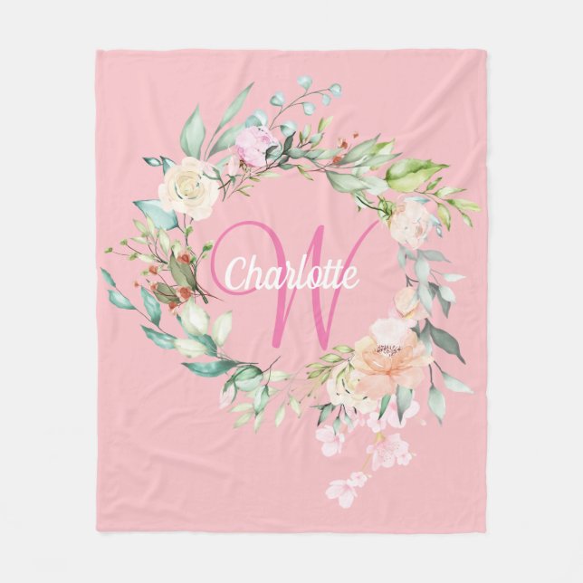 Couverture Polaire Monogramme élégant de roses d'été rose Script Init (Devant)