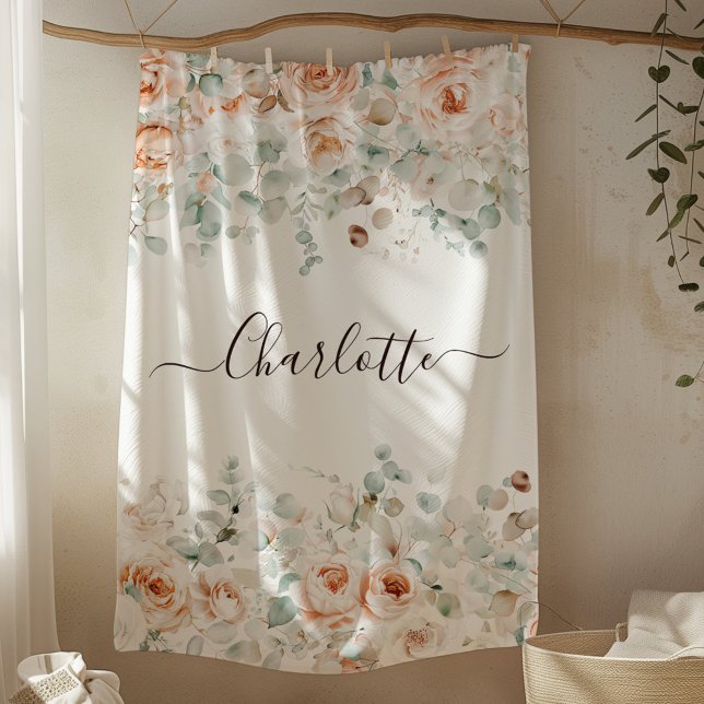 Couverture Polaire Monogramme Élégant Floral de Greenery Rose Rustiqu (In situ)