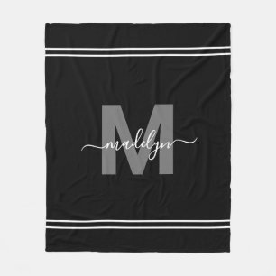 Couverture Polaire Monogramme Élégant Moderne Nom en Écriture Noir et
