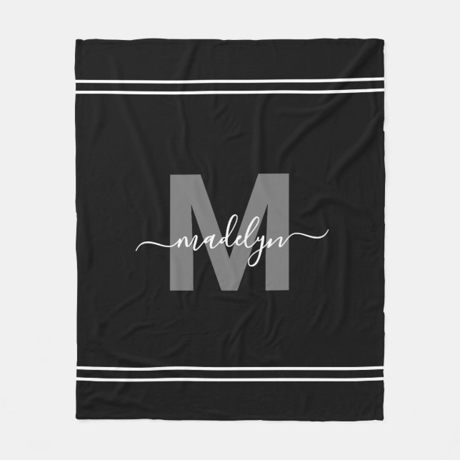 Couverture Polaire Monogramme Élégant Moderne Nom en Écriture Noir et (Devant)