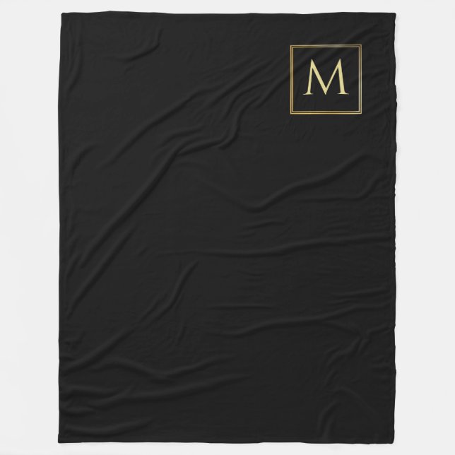 Couverture Polaire Monogramme élégant, noir et or personnalisé (Devant)