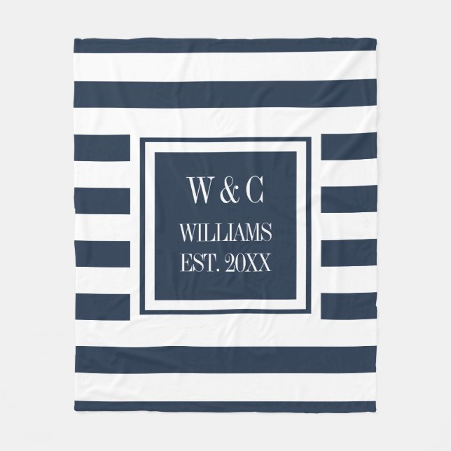 Couverture Polaire Monogramme élégant rayé bleu marine blanc (Devant)