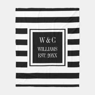 Couverture Polaire Monogramme élégant rayé noir et blanc