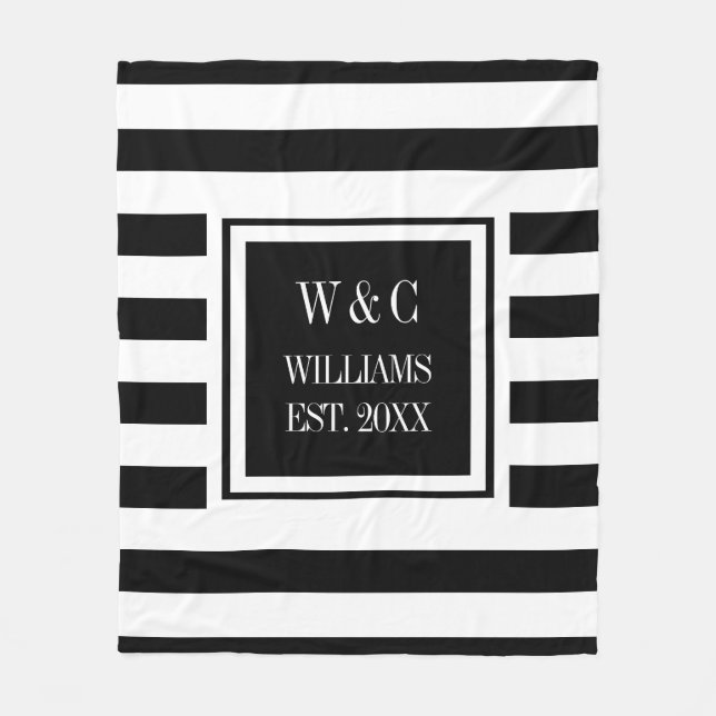 Couverture Polaire Monogramme élégant rayé noir et blanc (Devant)