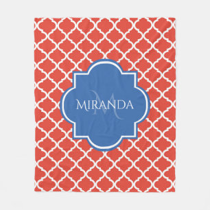 Couverture Polaire Monogramme et nom bleu Quatrefoil rouge tendance