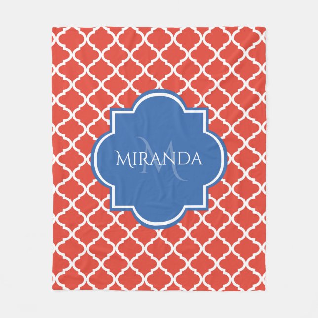 Couverture Polaire Monogramme et nom bleu Quatrefoil rouge tendance (Devant)