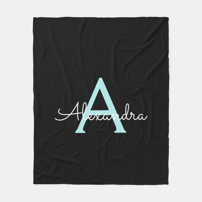 Couverture Polaire Monogramme Féminin Nom Écriture Bleu Aqua Sarcelle (Devant)