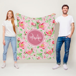Couverture Polaire Monogramme Fleur de Pommier Rose