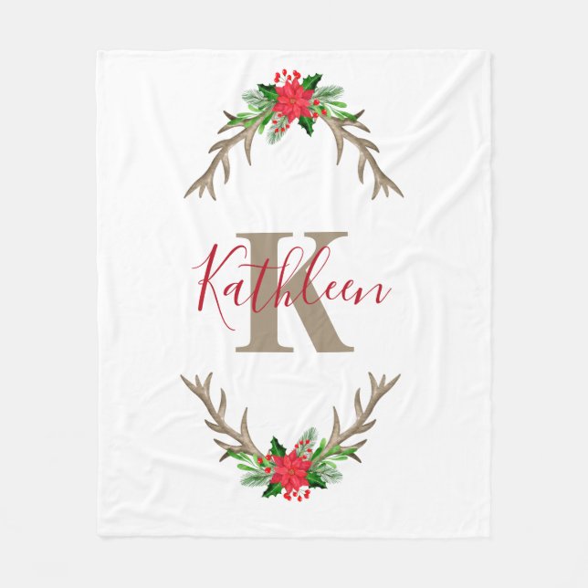 Couverture Polaire Monogramme Floral Antlers Rouge Vert Noël (Devant)