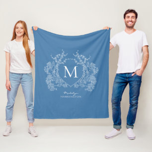 Couverture Polaire Monogramme Floral Bleu Moderne