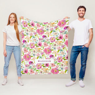 Couverture Polaire Monogramme floral chic à la menthe et rose pâle
