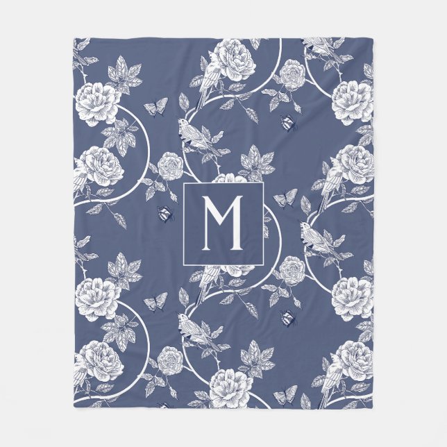 Couverture Polaire Monogramme floral de la Chinoiserie bleue (Devant)