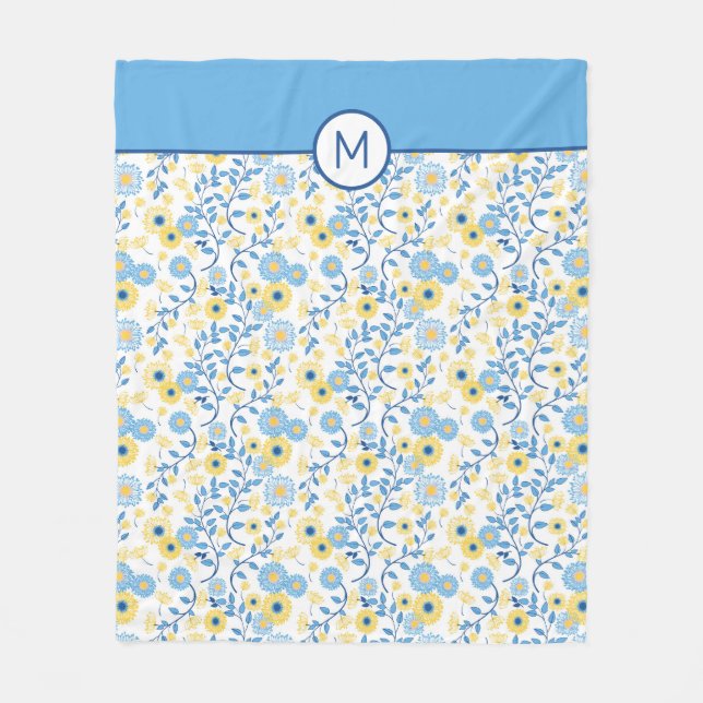 Couverture Polaire Monogramme floral jaune bleu de motif de bleuet (Devant)