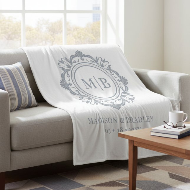 Couverture Polaire Monogramme Floral Orné Mariage Élégant Argent (Créateur téléchargé)