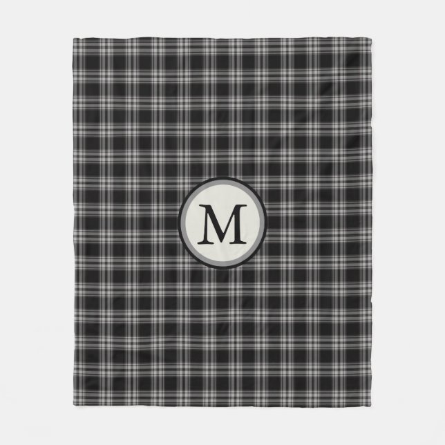 Couverture Polaire Monogramme gris et blanc noir de motif de plaid (Devant)