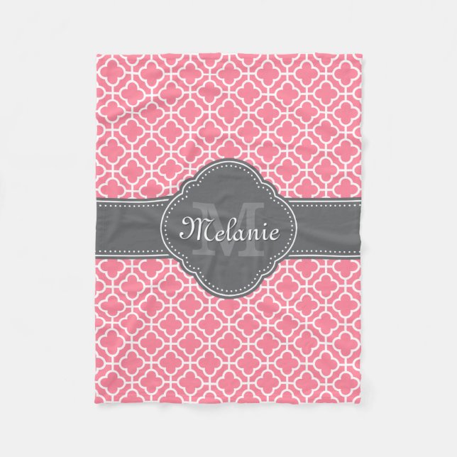 Couverture Polaire Monogramme gris foncé rose clair blanc Motif maroc (Devant)