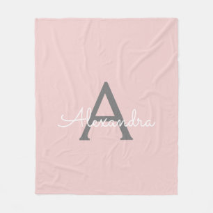 Couverture Polaire Monogramme Gris Rose Blush Nom Moderne