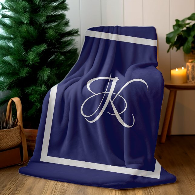 Couverture Polaire Monogramme Initial Bleu Gris Élégant (Créateur téléchargé)