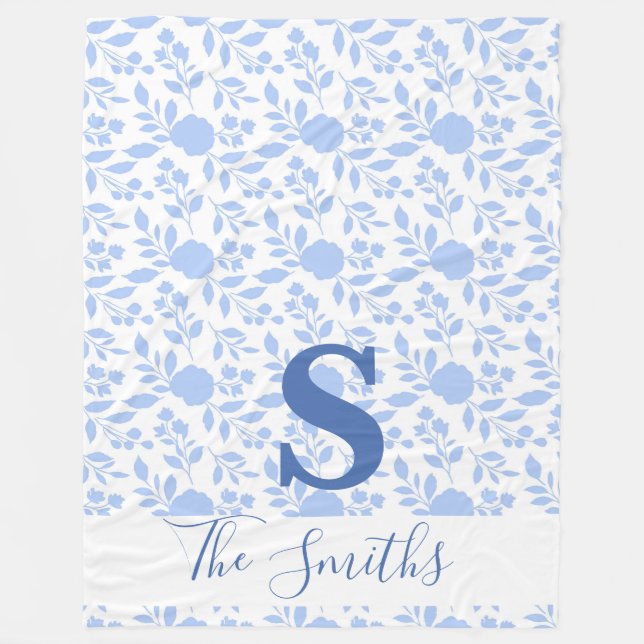 Couverture Polaire Monogramme initial Floral blanc et bleu clair (Devant)