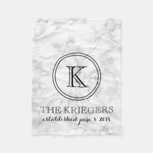 Couverture Polaire Monogramme Marbre blanc Mariage Date Anniversaire