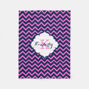 Couverture Polaire Monogramme Marine-Bleu Et Rose Zigzag Chevron